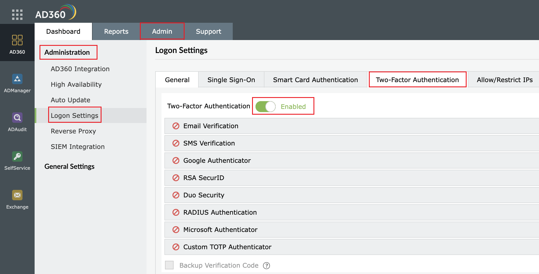 Two-factor Authentication switch to the ON position