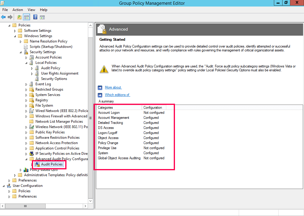 Configuring audit policies - Manual configuration
