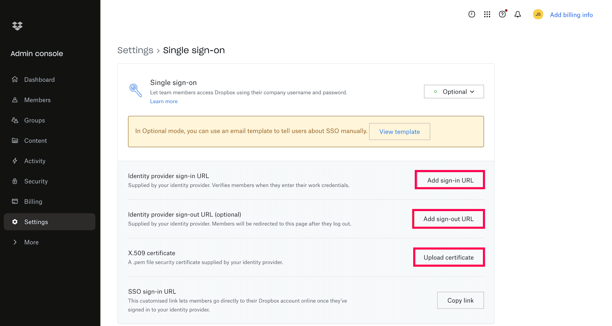 Dropbox SSO configuration