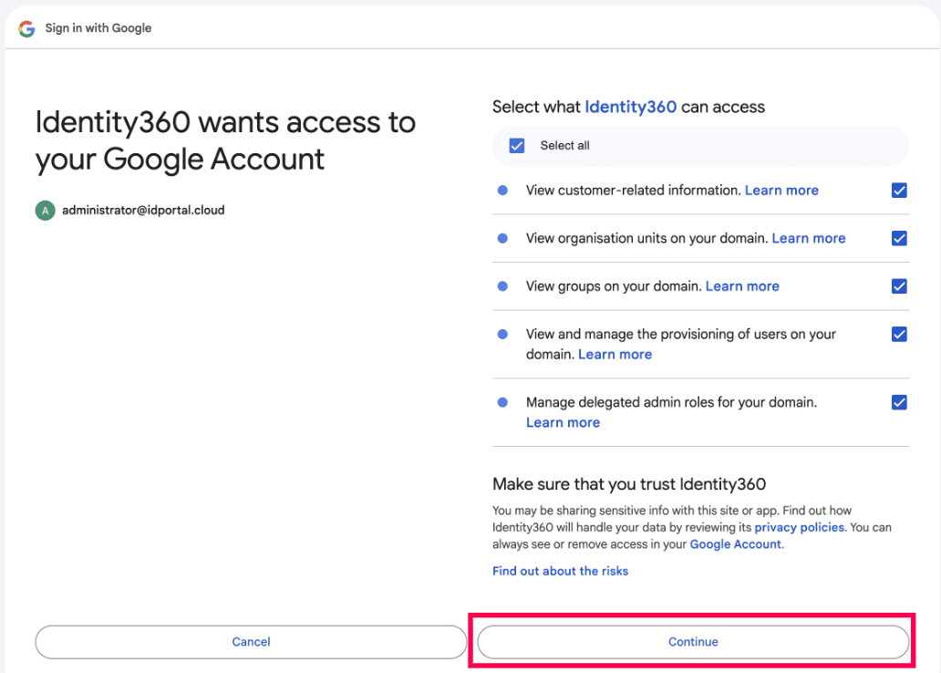 Google Workspace login with permissions consent