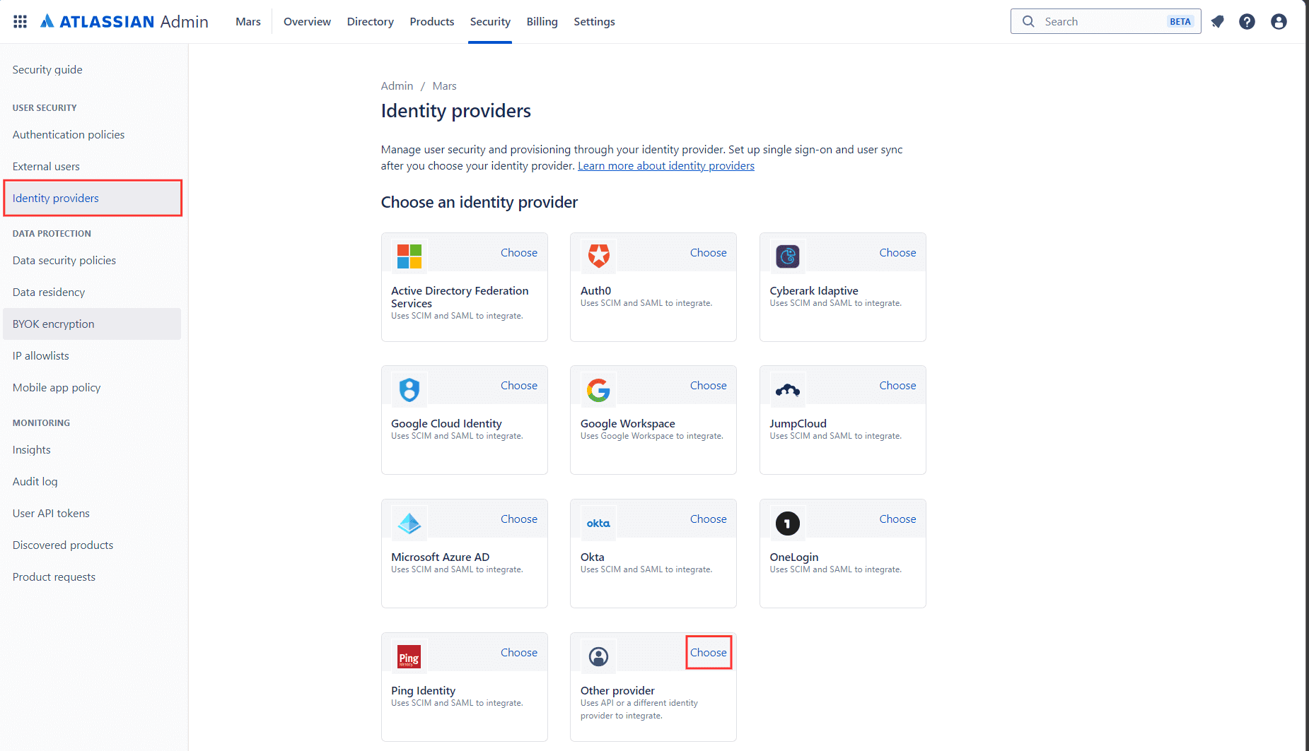 Atlassian Cloud identity provider settings