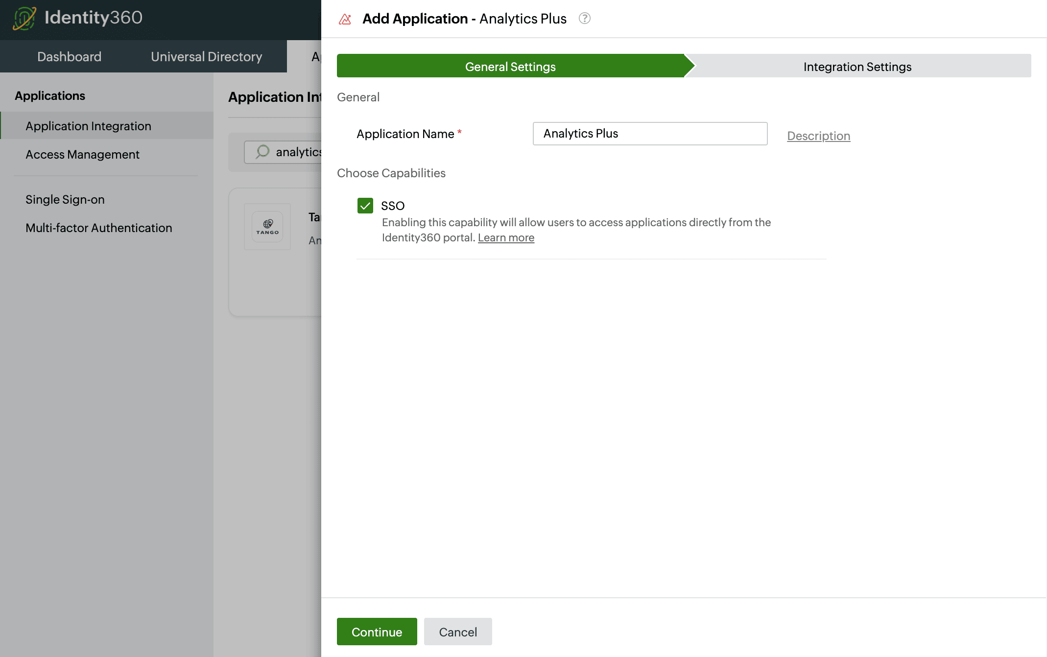 Identity360 application configuration general settings