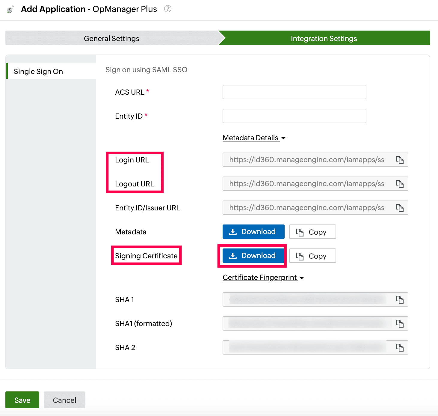 Identity360 application configuration integration settings