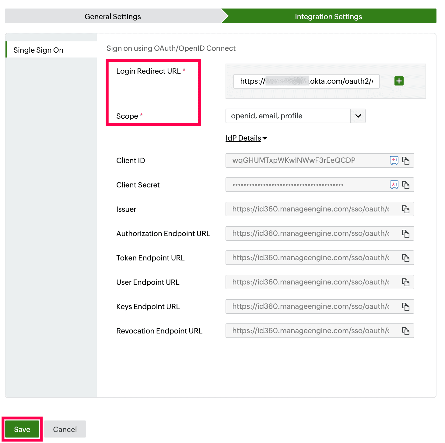 dentity360 application configuration: Integration Settings