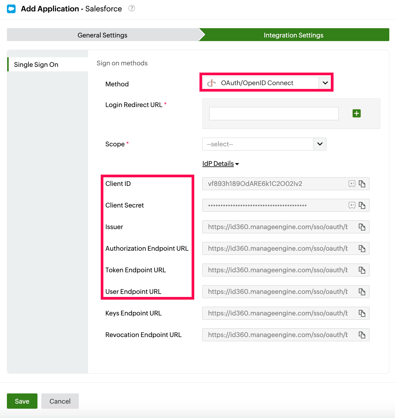 Identity360 application integration settings