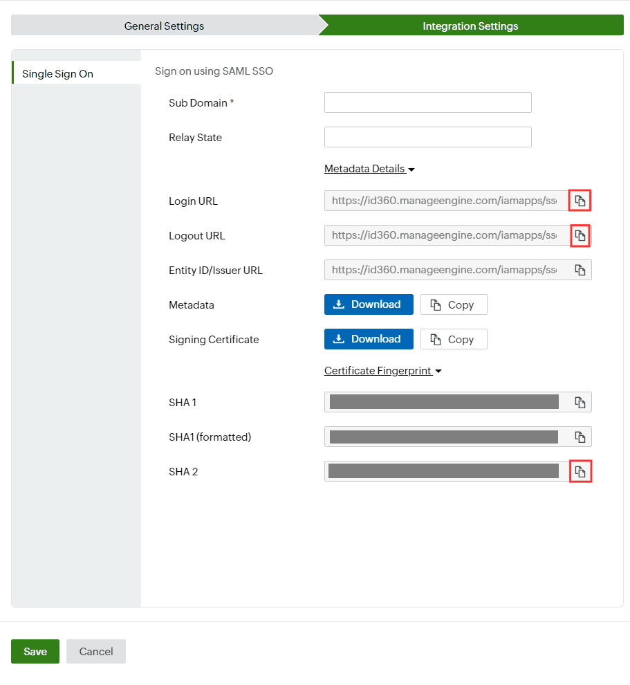 Identity360 application configuration: Integration Settings