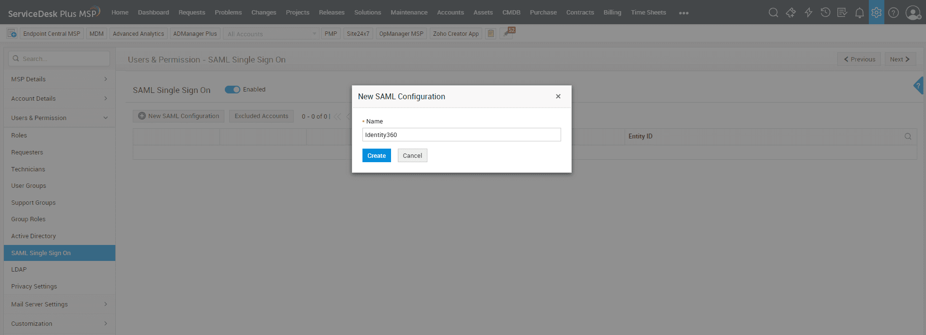 ServiceDesk Plus MSP SAML configuration