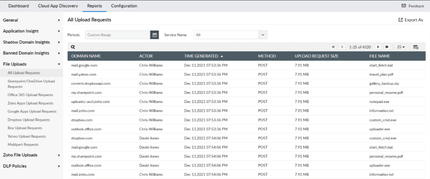 Log360 leveraging CASB capabilities to provide reports on all file uploads performed by users including the file name and the time of file upload.