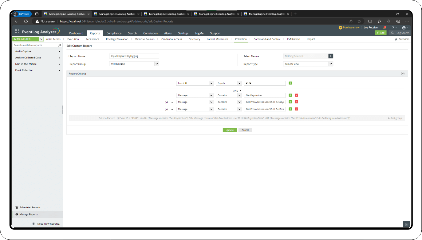 Custom report for input capture logging