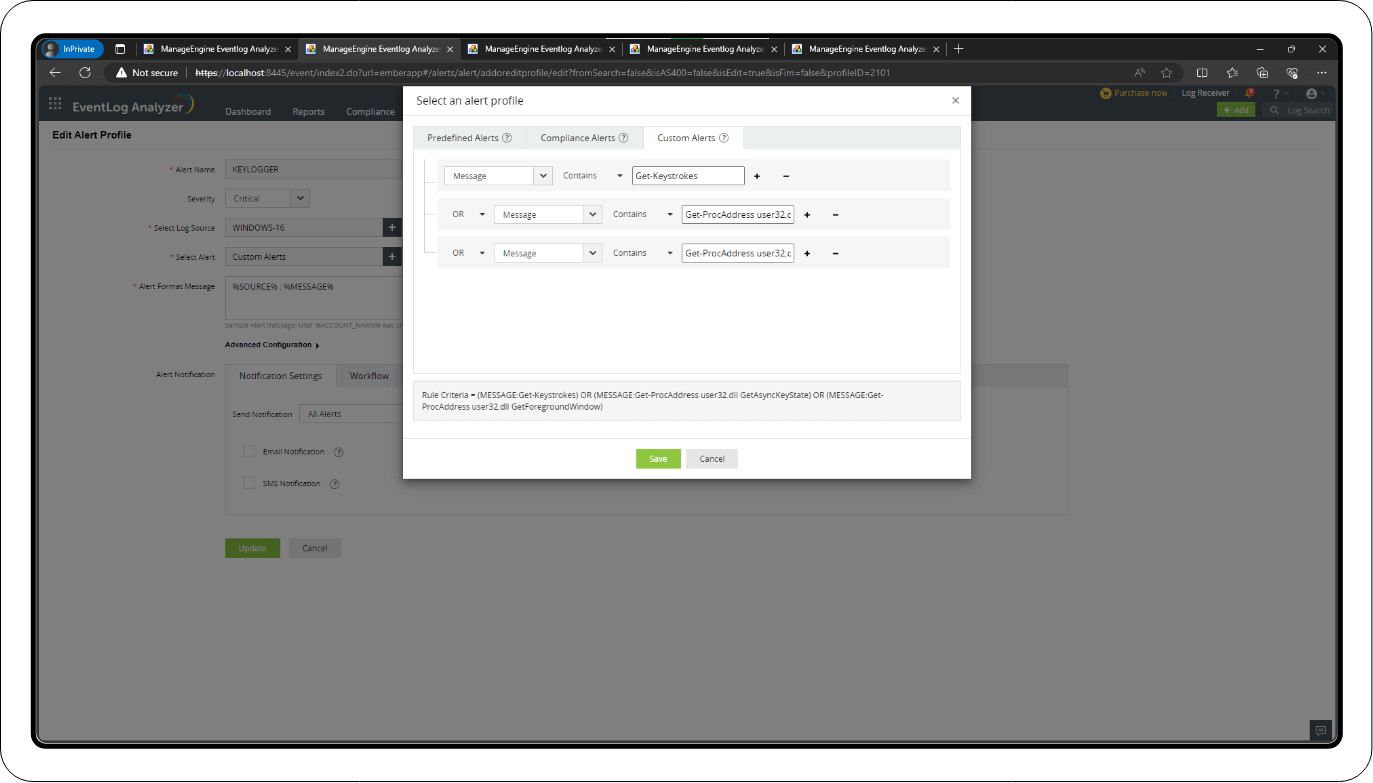 Alert profile for created correlation