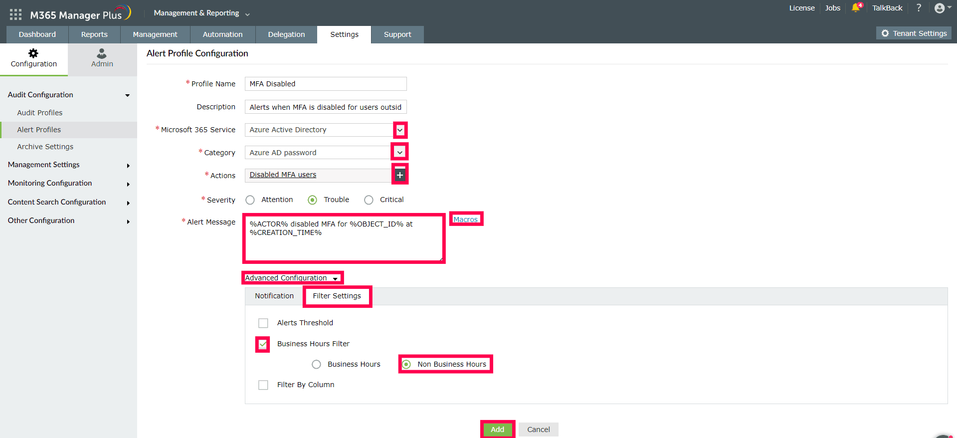 The Alert Profile Configuration page with the settings to alert for unusual MFA status changes in Microsoft Entra ID.