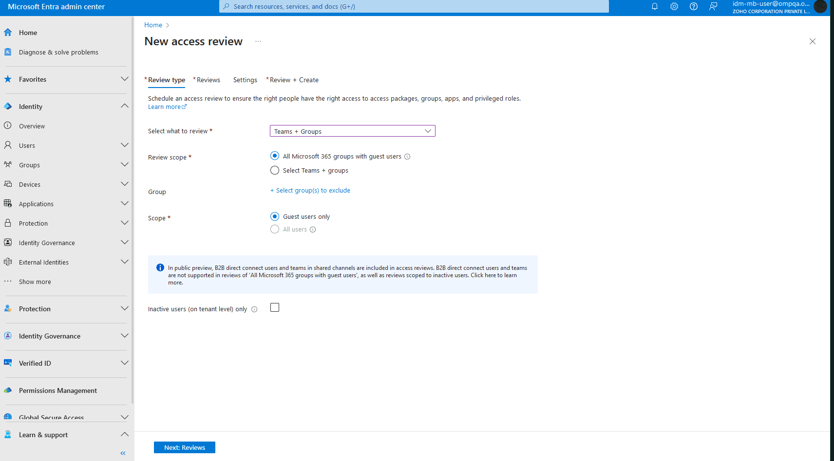 The Microsoft Entra ID admin center showing the setup process for creating a new access review for teams and groups, with options to select guest users, groups to include or exclude, and the review scope.