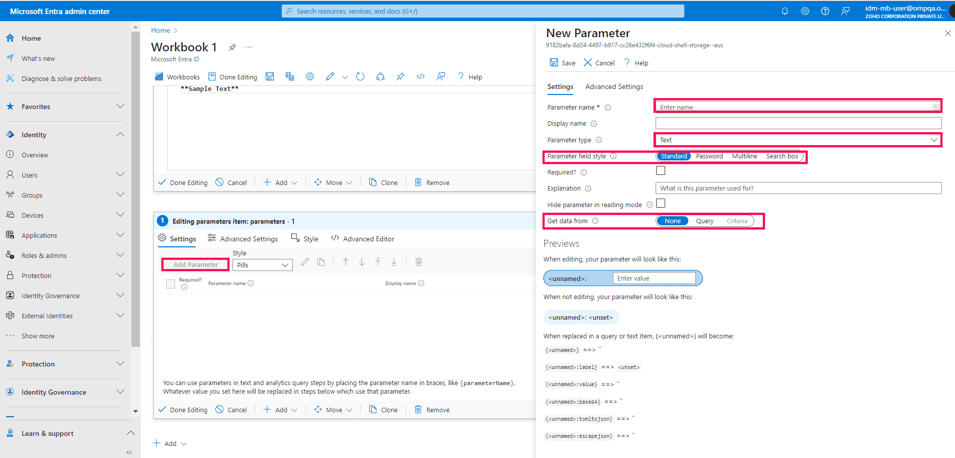 The menu to add input parameters in Microsoft Entra workbooks