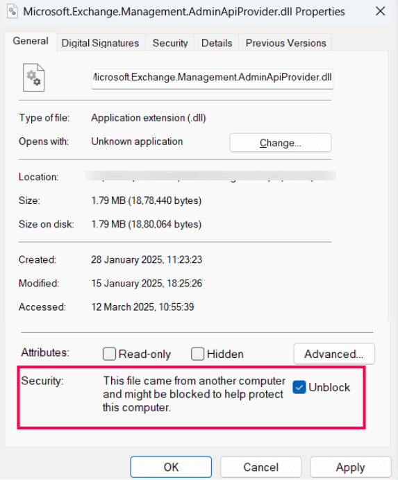 The Properties window of a DLL file indicating the file has been blocked.
