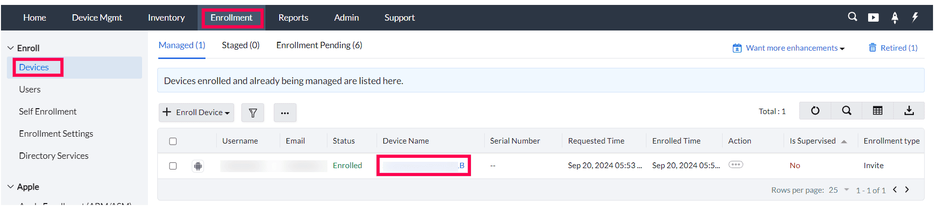 enrollment Device view