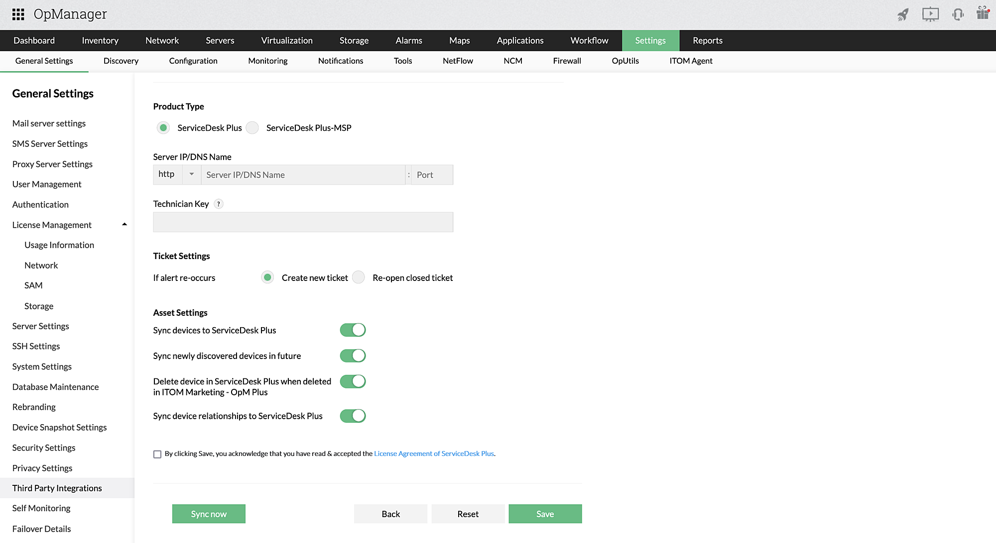 Sync OpManager's alerts with Service Desk Plus tickets