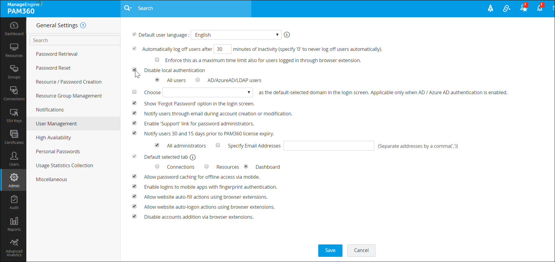 Disable local authentication