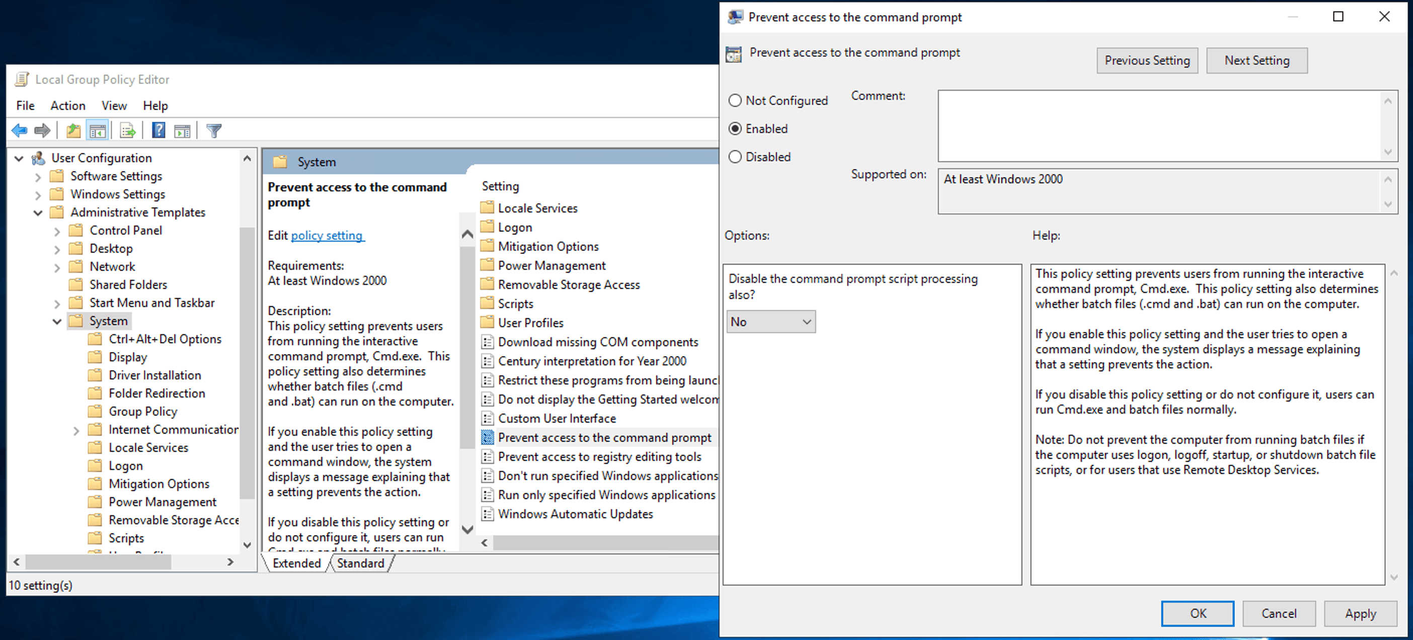 Prevent access to the command prompt policy