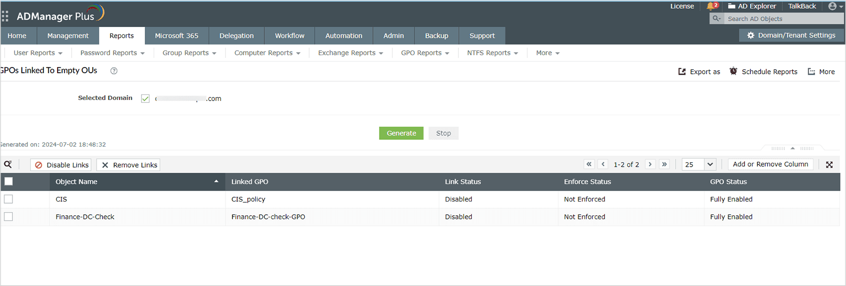 Screenshot GPOs Linked to Empty OUs report under GPO Reports in ADManager Plus.