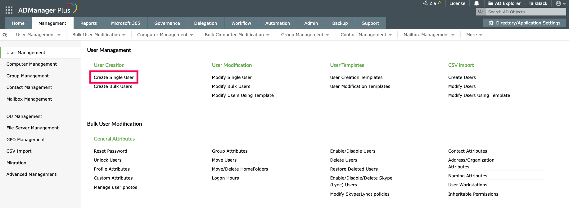 Navigating to the Create Single User task in ADManager Plus