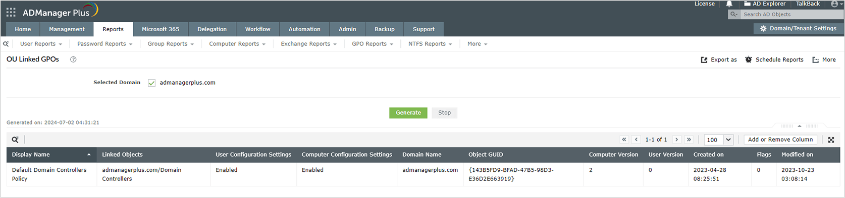 Screenshot of OU Linked GPOs report under GPO Reports in ADManager Plus.