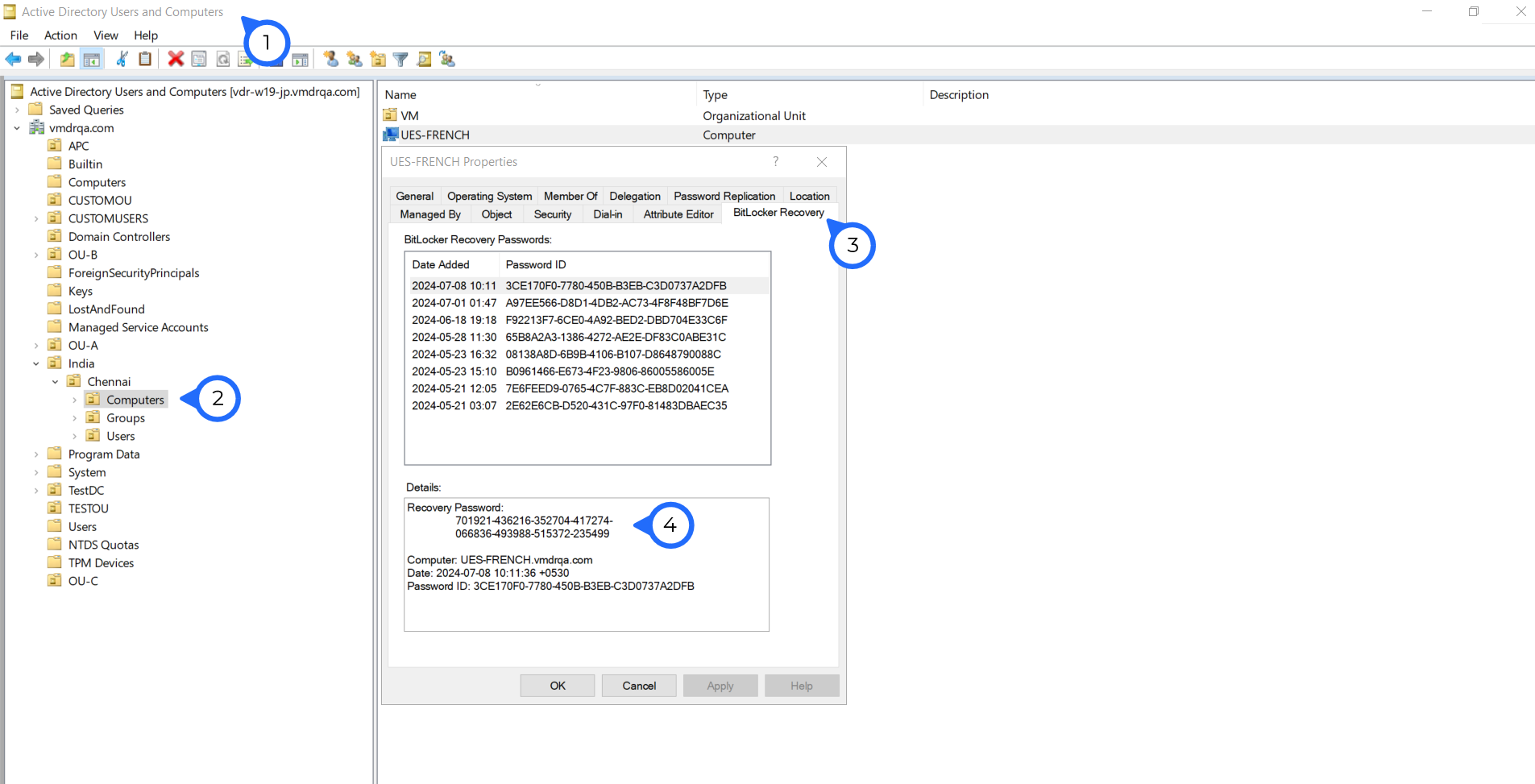 Retrieve Recovery Key using Active Directory Users And Computers