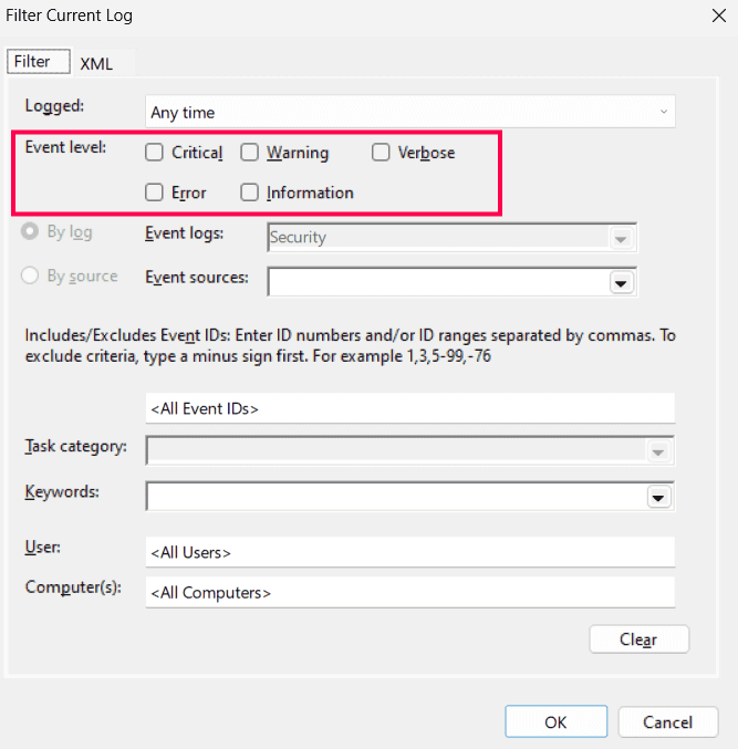 Windows logging levels