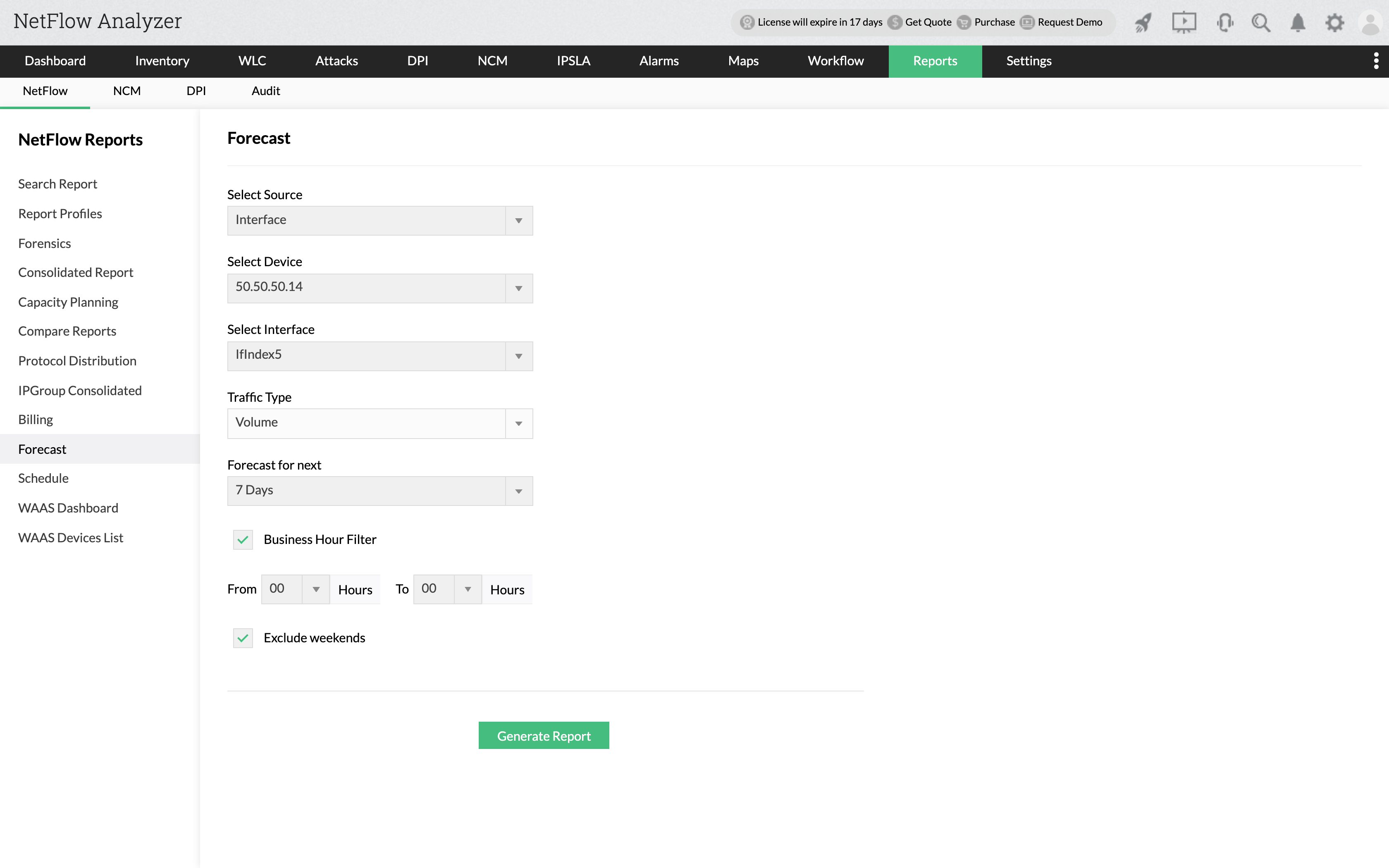 NetFlow Forecast Navigate to Report