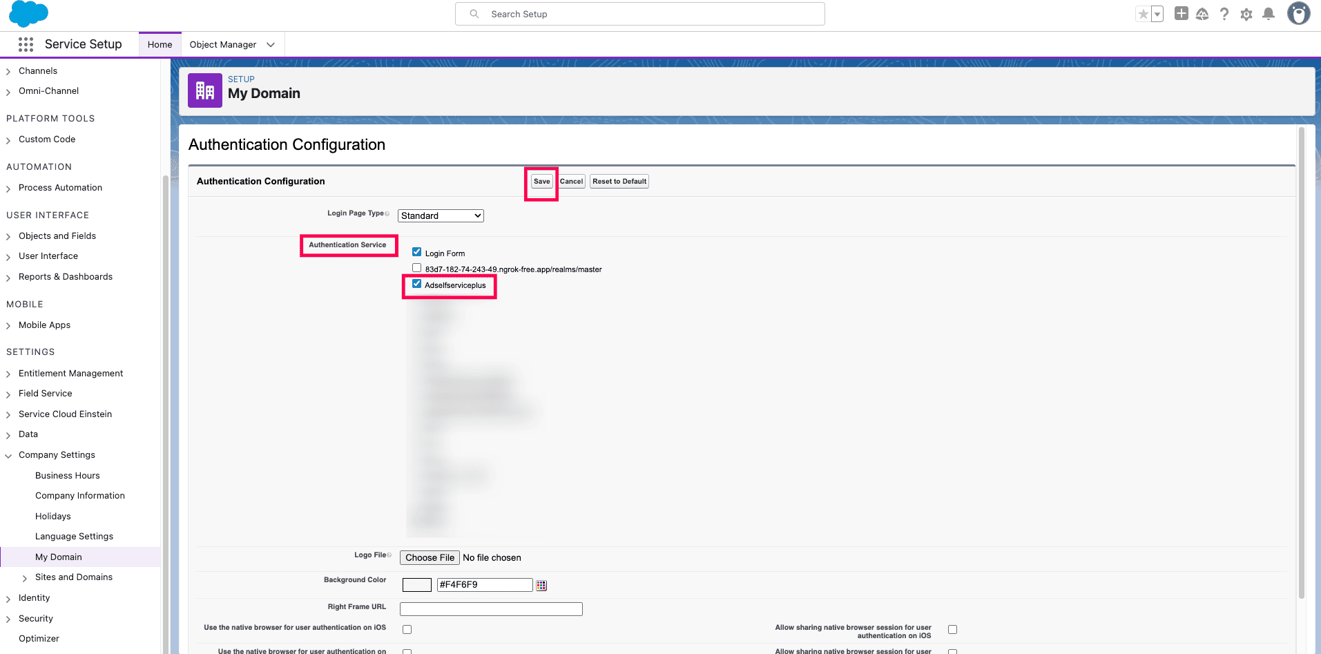 Authentication service configuration details in ADSelfService Plus for Salesforce SSO