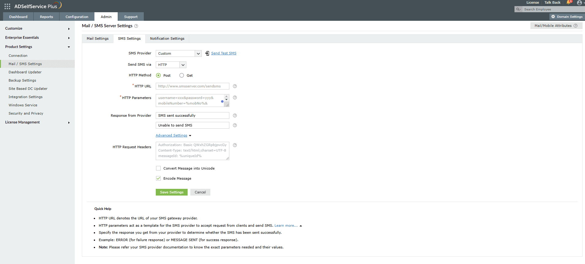 smsgateway Custom HTTP SMS server settings in ADSelfService Plus