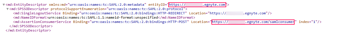 Overview of Egnyte's metadata while configuring SAML SSO via ADSelfService Plus