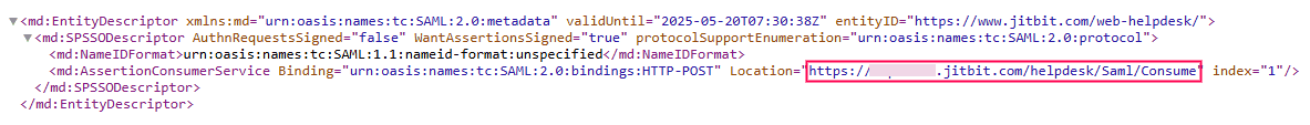 Overview of JitBit's metadata while configuring SAML SSO via ADSelfService Plus