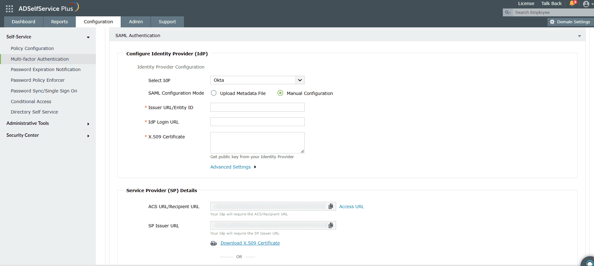 Manual SAML IdP configuration in ADSelfService Plus
