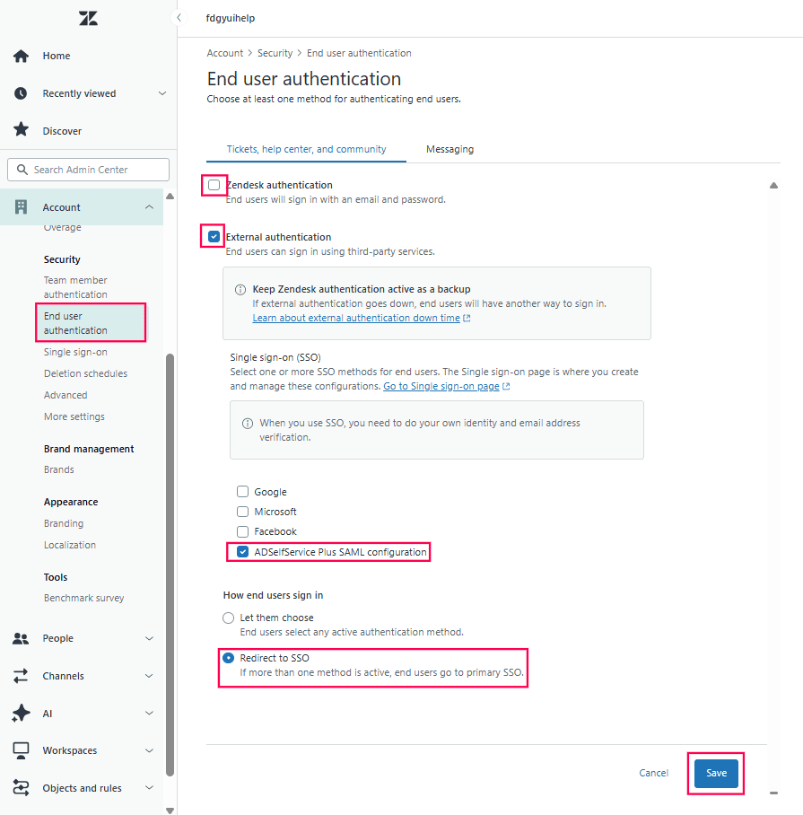 Zendesk end user authentication for ADSelfService Plus