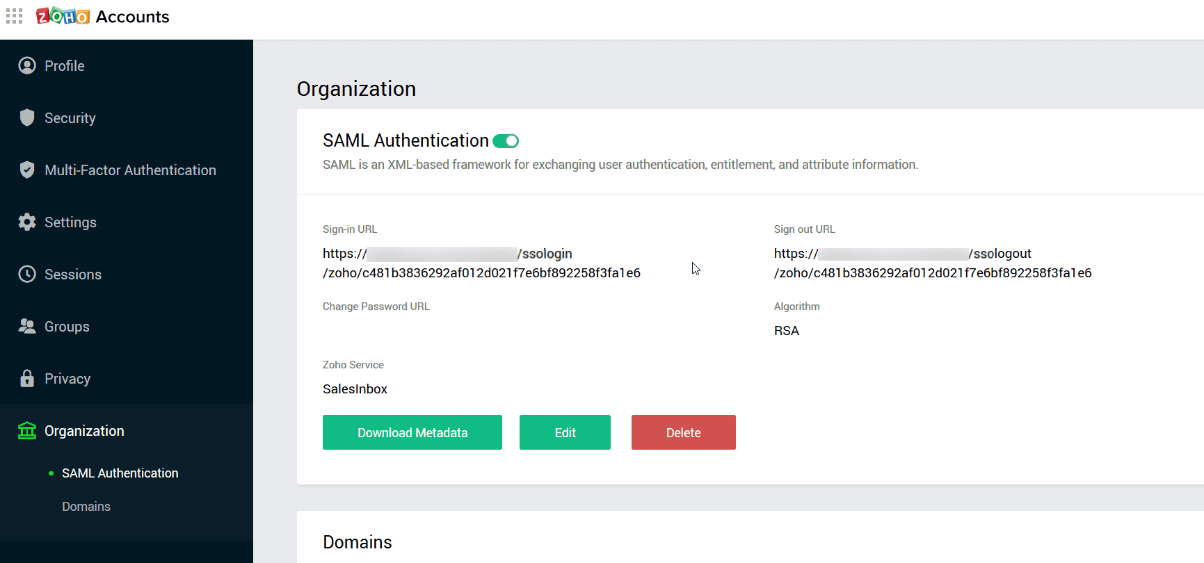 Zoho SP SAML SSO settings for ADSelfService Plus
