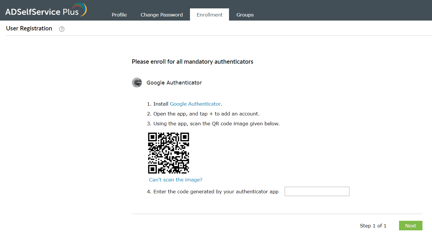 Enrolling in ADSelfService Plus' Google authenticator