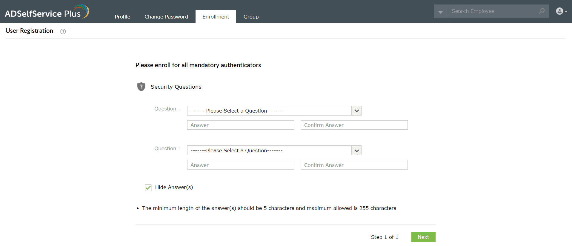 Enrolling in ADSelfService Plus' Security Questions authenticator
Like