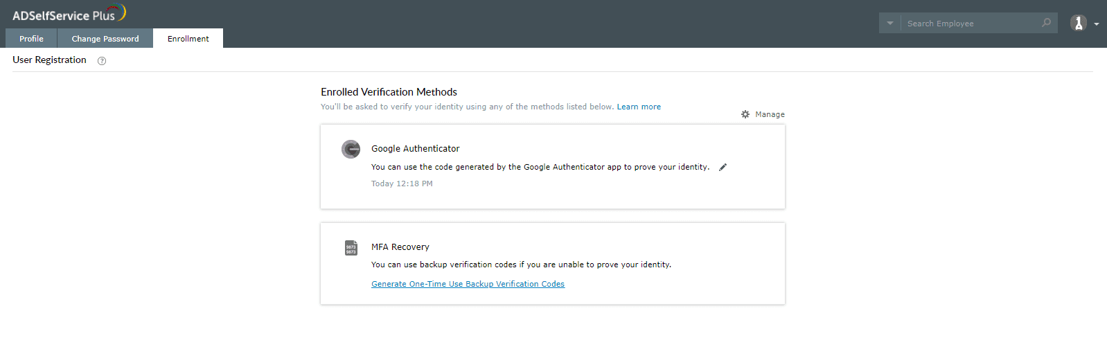 Generating backup verification codes in ADSelfService Plus