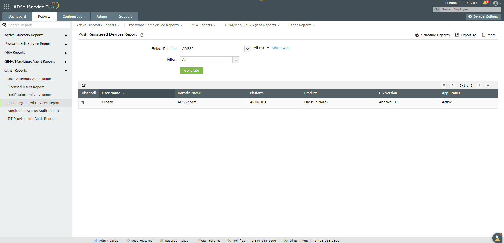 Fig. 30: Push Registered Devices Report in ADSelfService Plus.