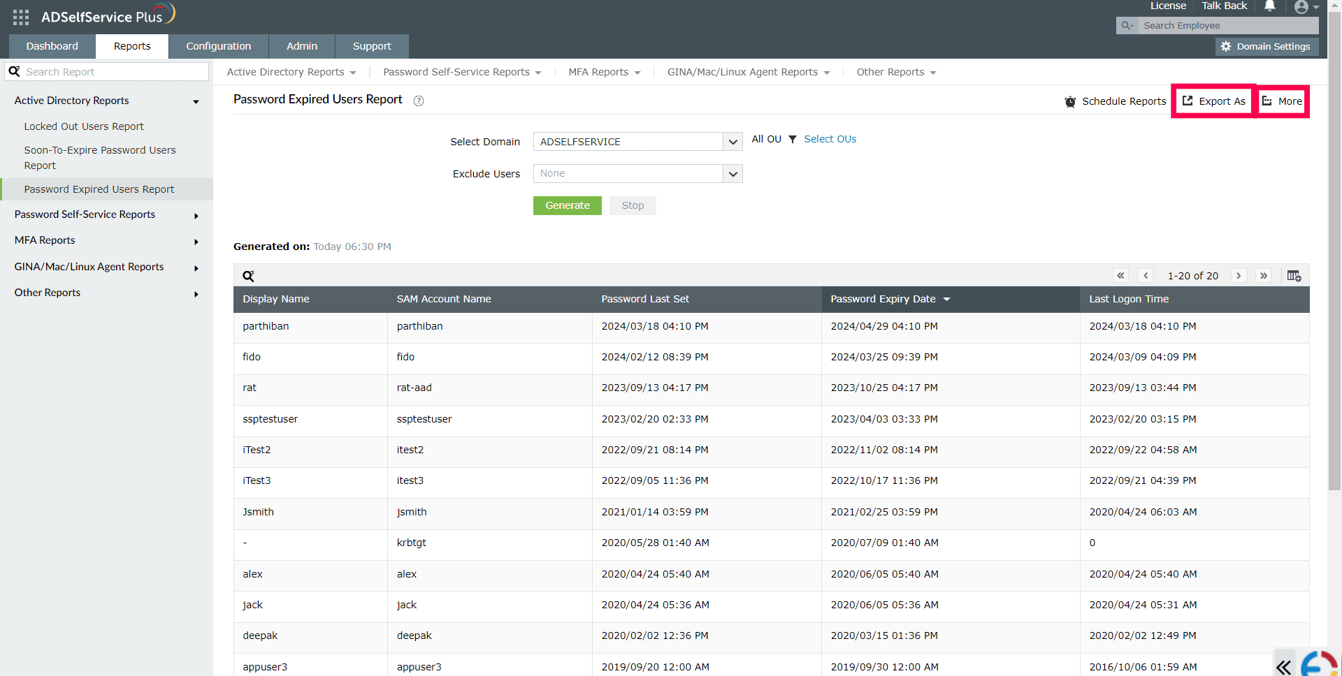 Fig. 36: Export reports in various formats, and customize them using ADSelfService Plus