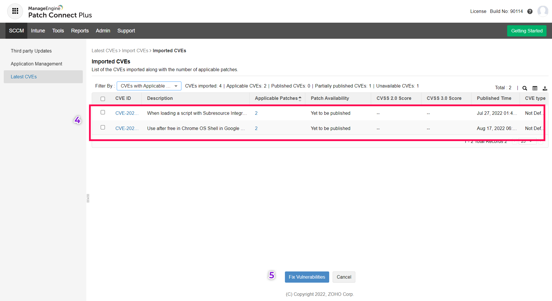 CVE import in Patch Connect Plus