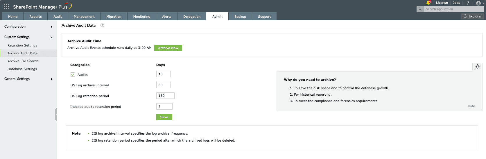 Archiving audit data in SharePoint Manager Plus.