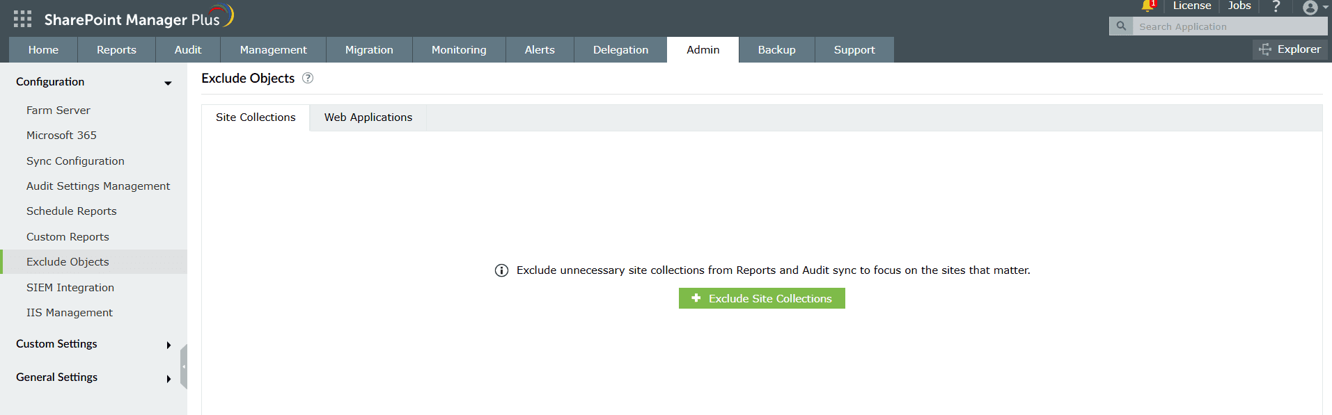 Navigating to the Exclude Objects feature in SharePoint Manager Plus