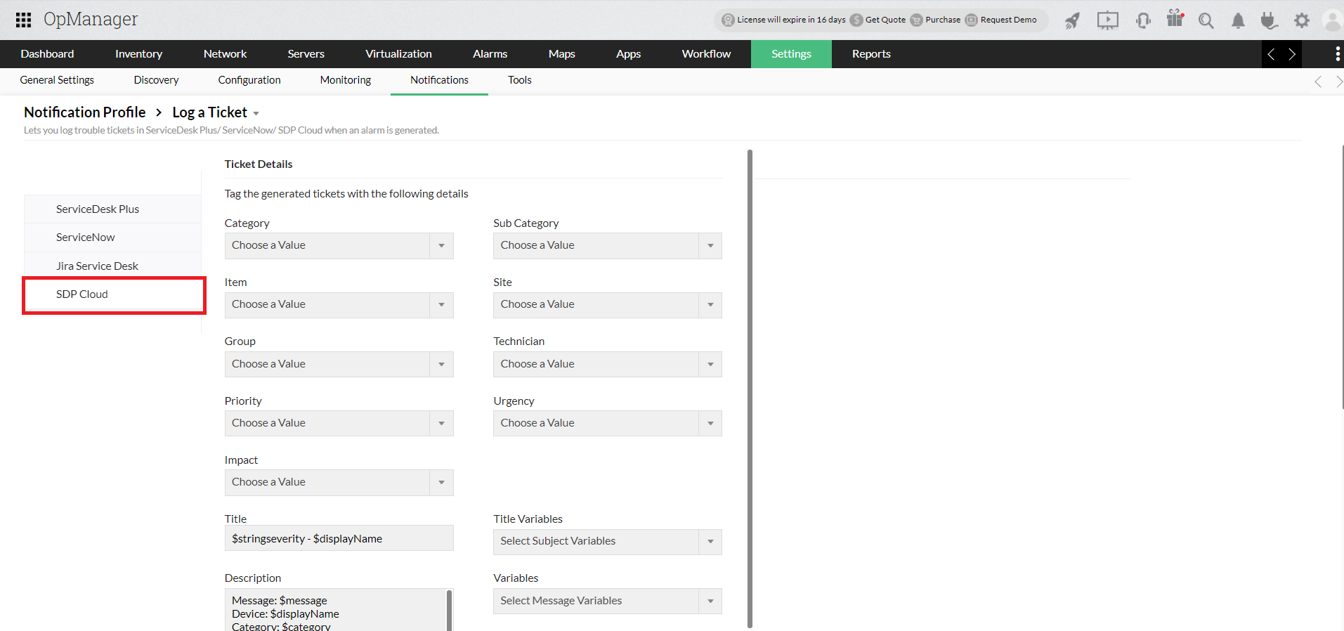 Painel com detalhes de ticket no OpManager