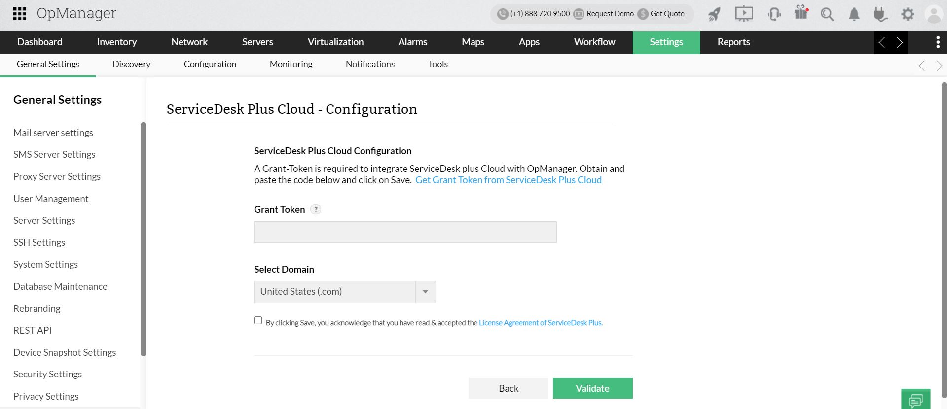 Painel de configuração de ServiceDesk Plus Cloud