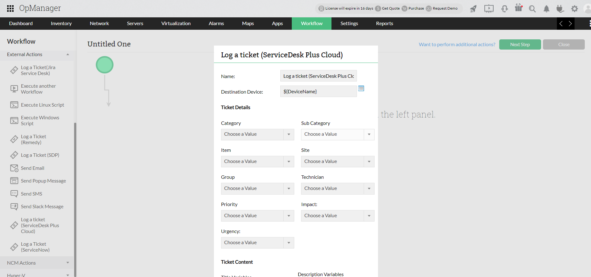 Painel de como configurar um ticket no OpManager