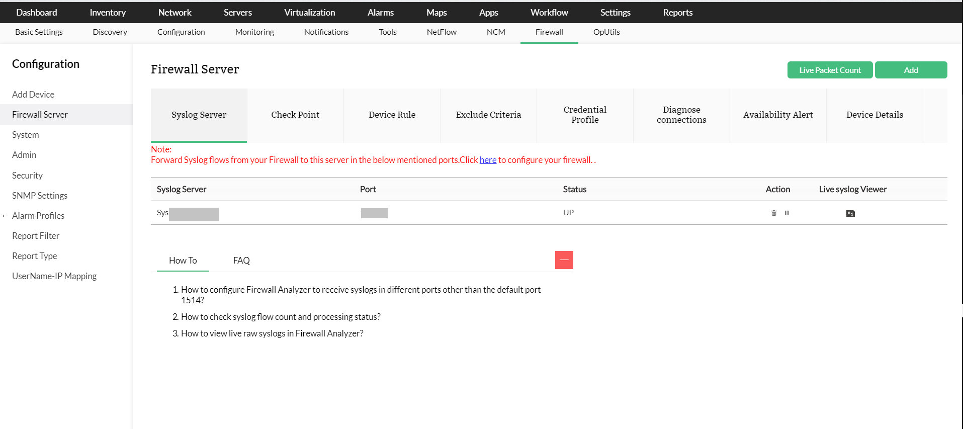 Painel de configurações demostrando o servidor de firewall