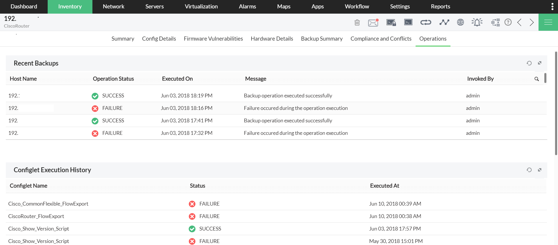 Painel de inventário de backups recentes da LAN