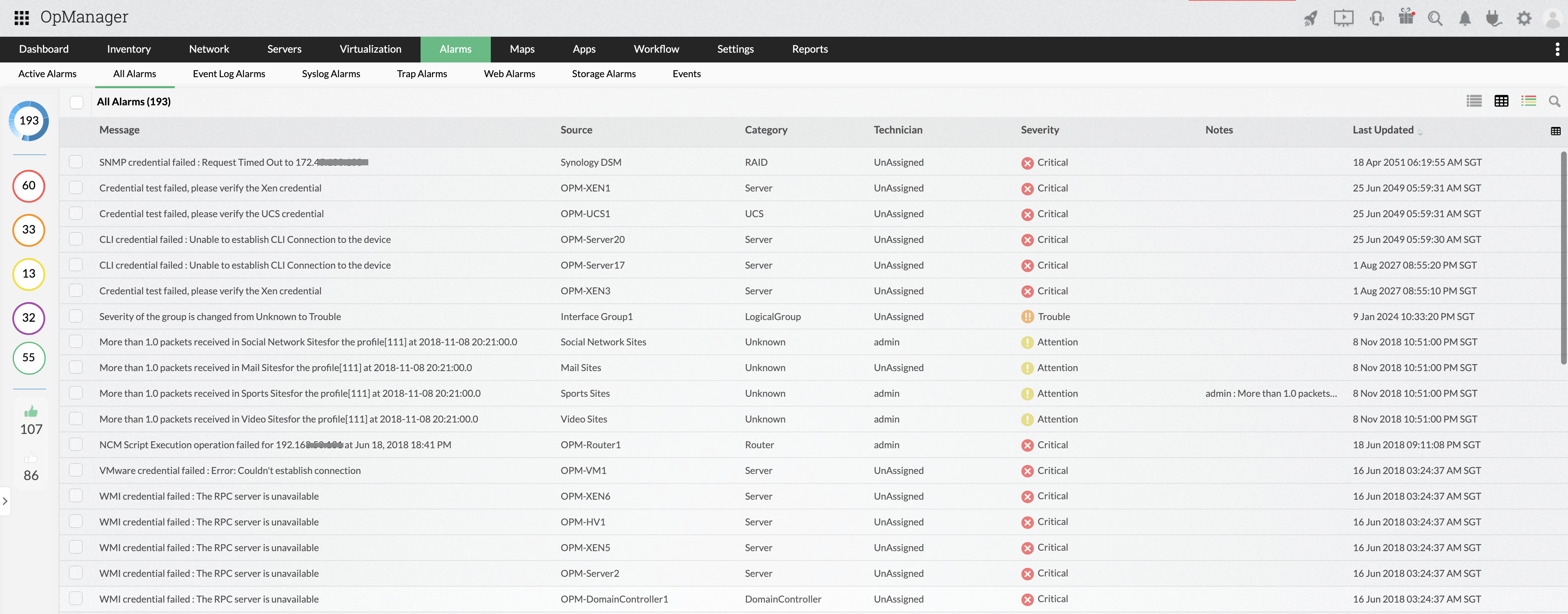 Painel com todos os alarmes com detalhes, como categoria