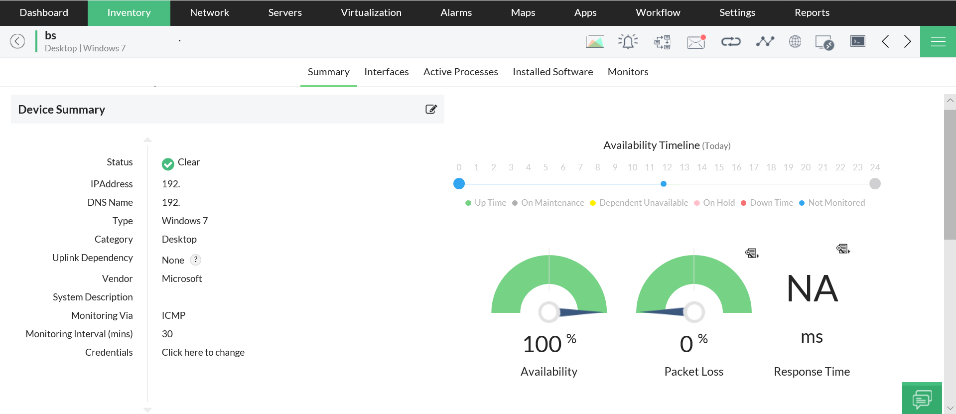 Painel com gráficos da linha do tempo do monitoramento da disponibilidade da perda de pacotes